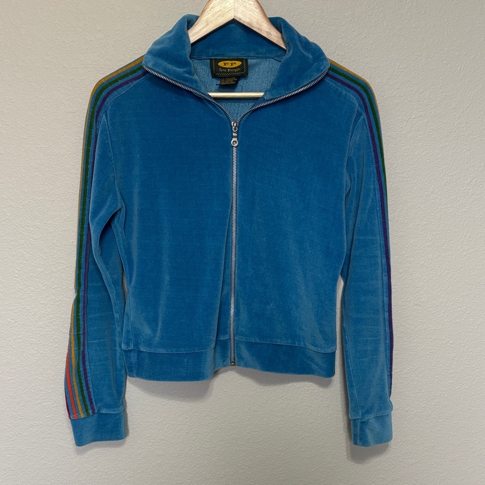 Vintage Free People Blue Velour Tracksuit Jacket Multicolor Stripes Size L Y2K